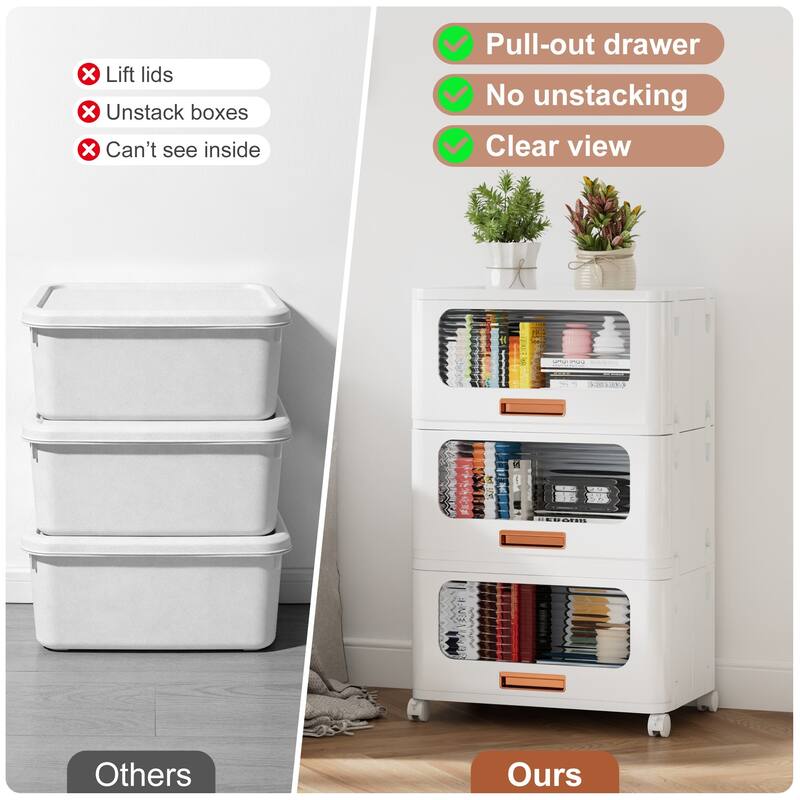 VECELO White Rolling Storage Cabinet with Transparent Doors 1/2/3-Tier Plastic Storage Bins with Wheels for Bedroom Living Room