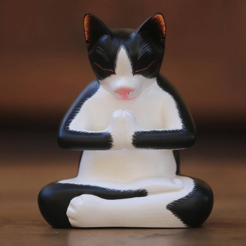 Novica Handmade Meditating Tuxedo Kitty Wood Sculpture