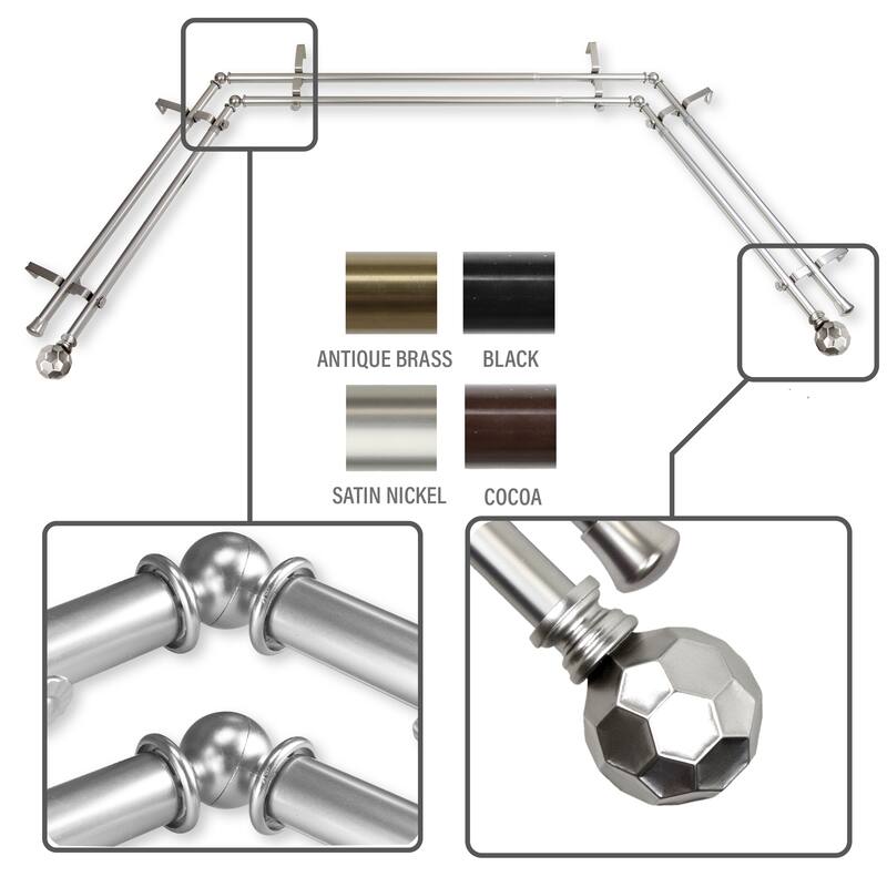 InStyleDesign Finley 13/16" Double Bay curtain rod 20"-36", 38"-72" - Satin Nickel