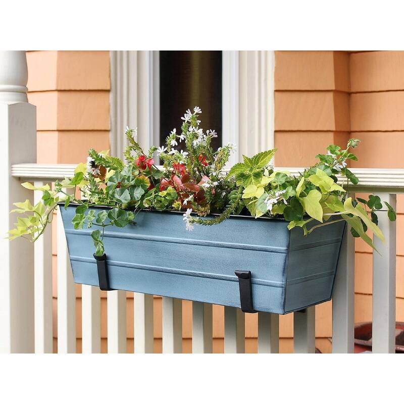 Achla Designs Medium Galvanized Steel Flower Box Planter With Wall Brackets, 24 Inch Wide, Nantucket Blue