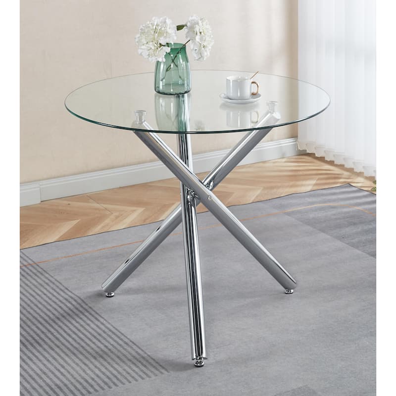 Round Dining Table with chrome metal leg and tempered glass,Modern Space Saving Kitchen Table