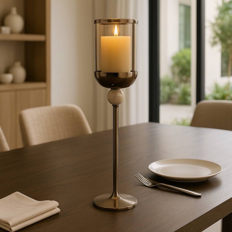 Metal Marble Floor Candle Holder Elegant Sculptural Hurricane