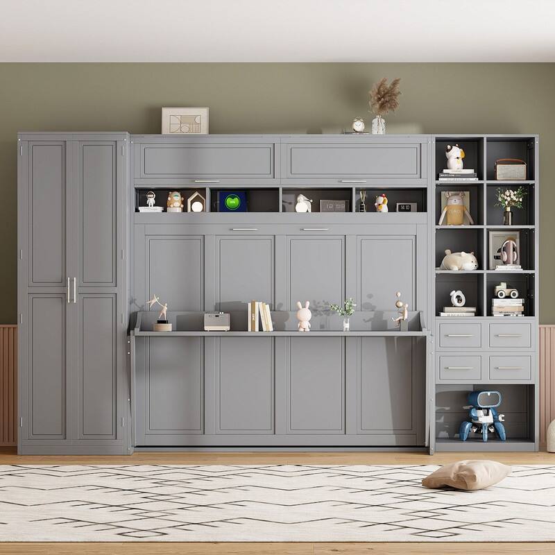 Queen Size Murphy Bed Wall Bed with Closet , Drawers and Shelves - Gray