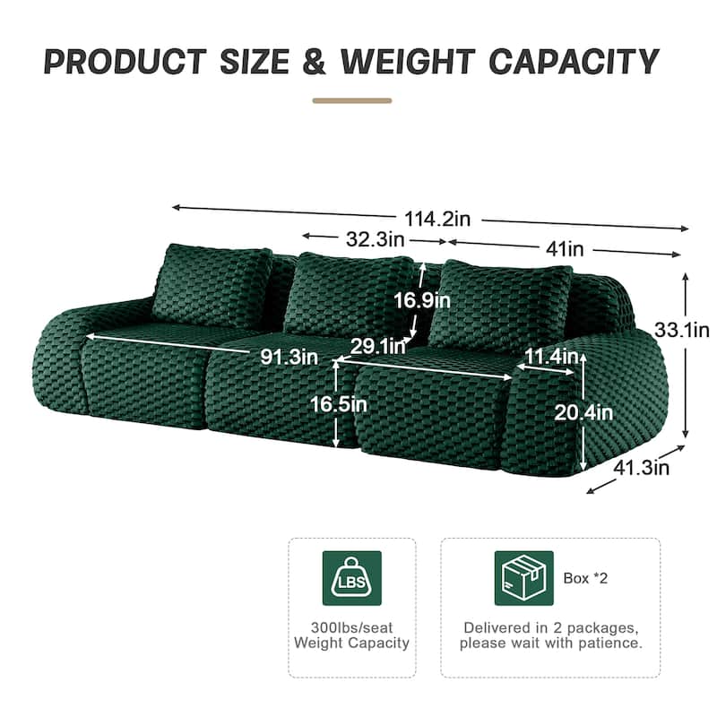 114" Modern Modular Flannelette Sectional Sofa, Oversized 3-Seater Deep Seat Boneless Couch with Buckle Connection