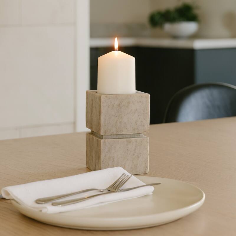 Modern Onyx Marble Stacked Cubes Candle Holder - Ivory & Tan
