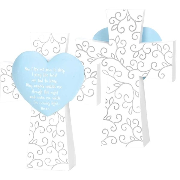 Now I Lay Me Down To Sleep Prayer Blue Heart Table Top White Resin Cross; 5" x 4" - other-frame-size