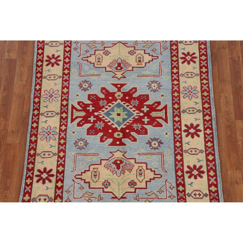 Light Blue Geometric Kazak Rug Hand-Knotted Bedroom Wool Carpet - 4'2" x 5'8"