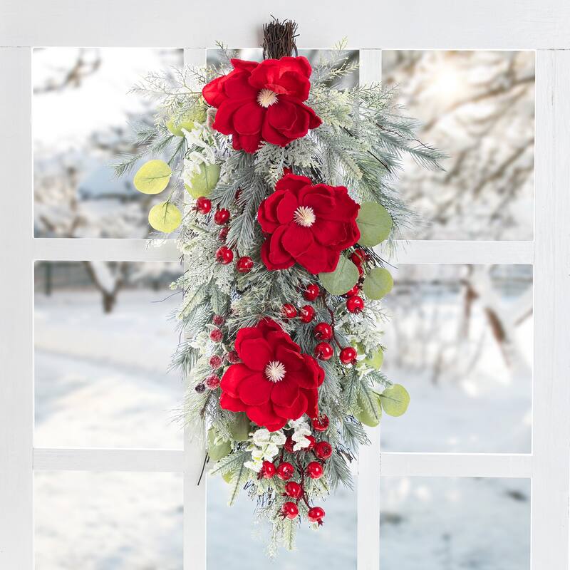 Glitzhome Christmas Red Mangnolia & Berry Wreath Garland Teardrop Hanging Decor
