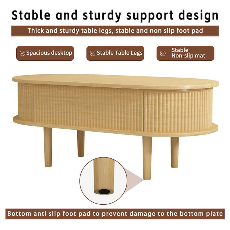 Fluted Lift Top Coffee Table with Hidden Compartment, End Table Natural Wood Side Table Center Table