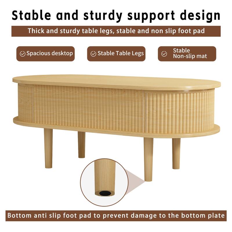 Fluted Lift Top Coffee Table with Hidden Compartment, Wooden Center Table, Modern Oval Lift Tabletop for Home