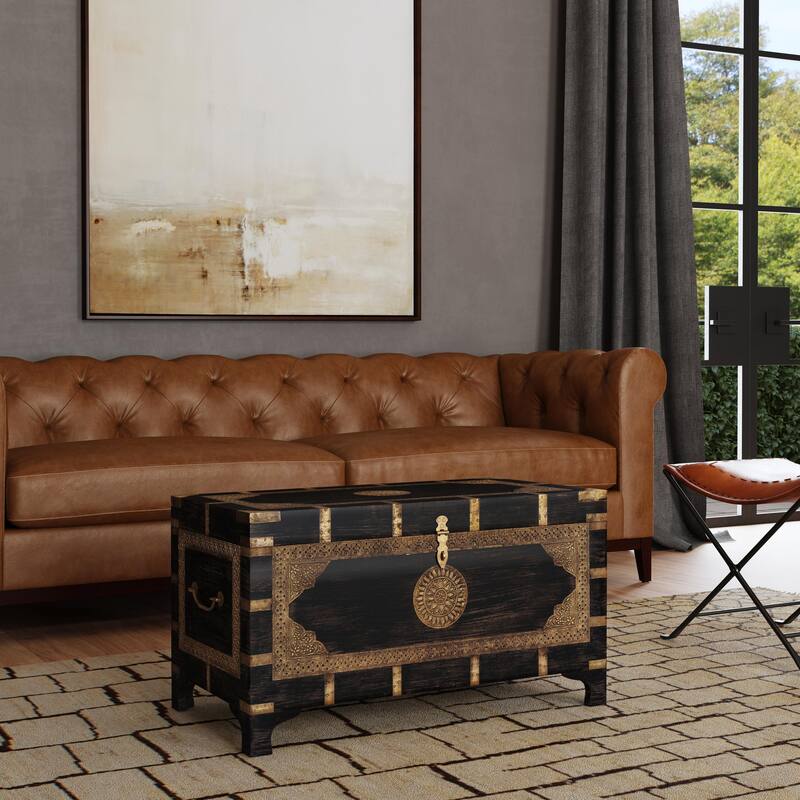 Nador Hand-Painted Brass Inlay Storage Trunk Coffee Table - Antique Coffee