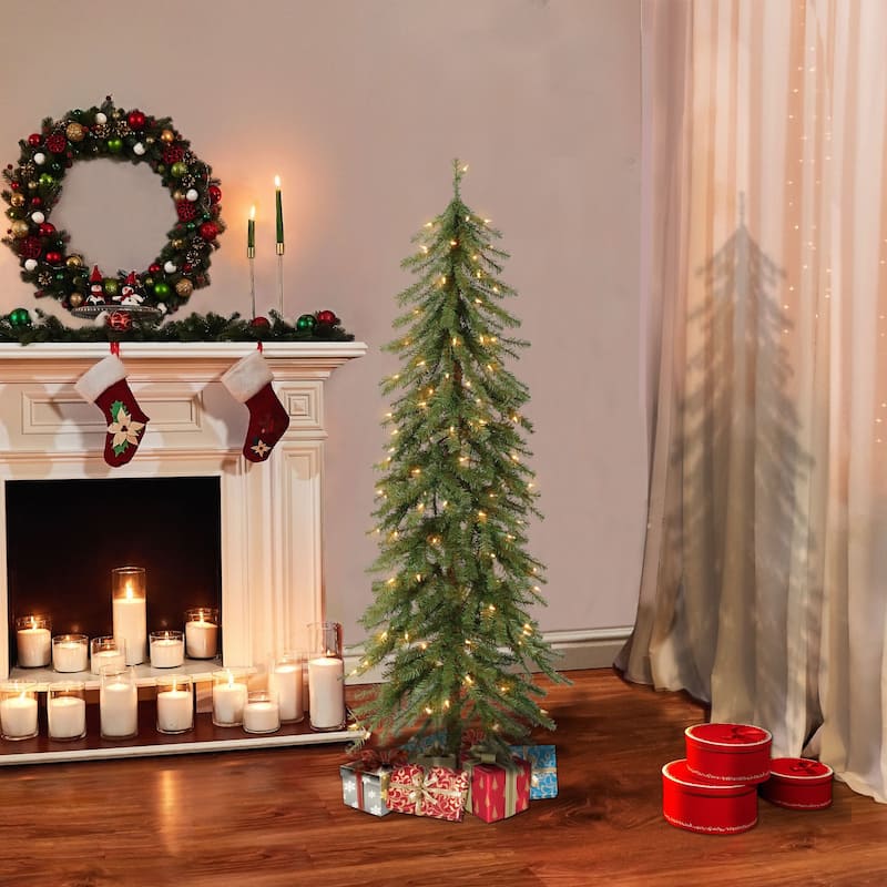Pre-lit Slim Artificial Alpine Christmas Tree - 5’ - Clear Lights - 5 Foot