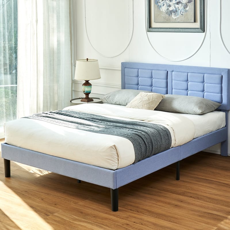 Strong Frame and Wooden Slats Support Bedframe，Platform Bed Frame with Linen Upholstered Headboard,Light Blue Bed Frames
