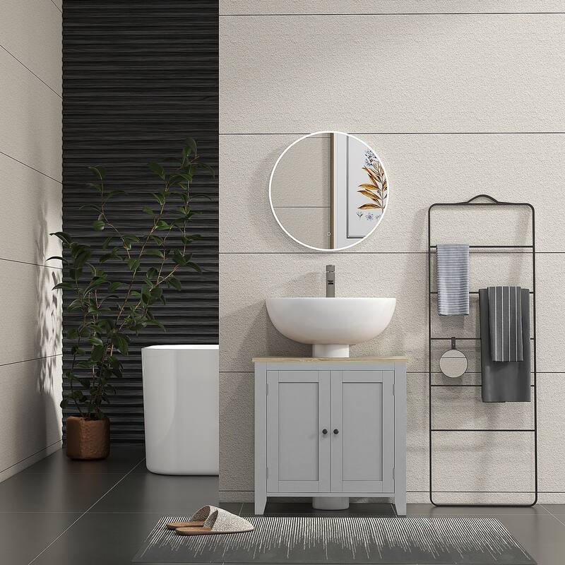 Kleankin Gray Pedestal Sink Storage Cabinet Bathroom Cabinet with U-Shape and Adjustable Internal Shelf