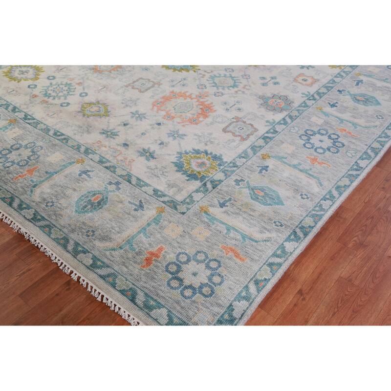 Hand Knotted Oriental 100% Wool Carpet Transitional All-Over Beige & Ivories Oushak Area Rug - 12' 2'' X 9' 1''