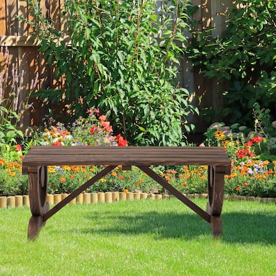 Rustic Country Style 2-Person Wooden Garden Bench, Outdoor Wagon Wheel Backless Bench