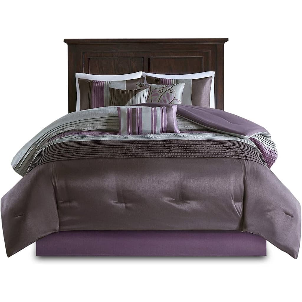 Queen/ King Size 7 Piece Bed In A Bag Comforter Set Faux Silk Stripes - Blue/ Purple-Grey/ Yellow-Grey/ Black-Grey