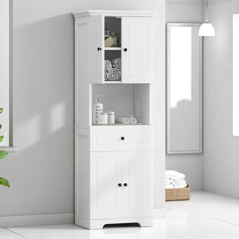 Tall Bathroom Storage Cabinet with 4 Doors, Adjustable Shelves & Open Shelf, Freestanding Organizer
