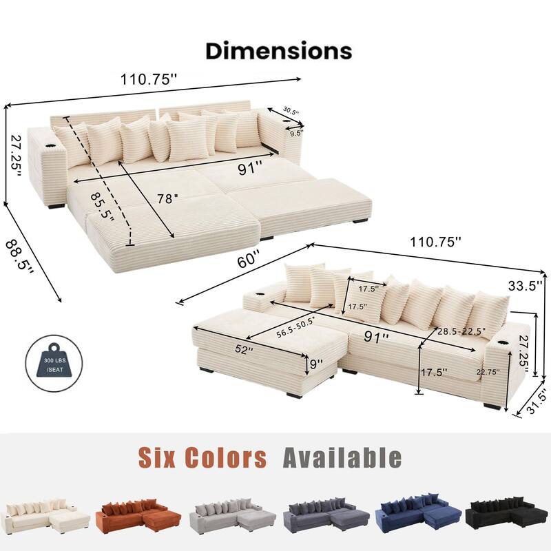 110.75" Corduroy Sectional Sofa, Convertible Sleeper Sofa Bed L-Shaped Upholstered Couch with Removable Footstool, Cup Holder