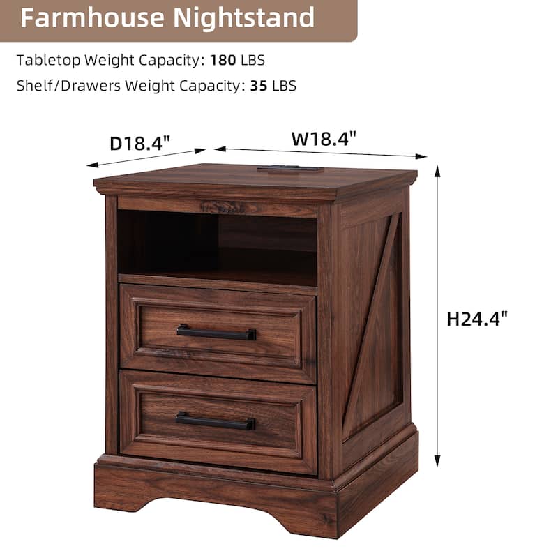 Farmhouse Nightstand Set of 2 with Charging Station, End Table