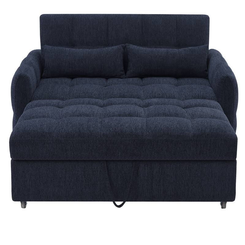 Chenille Loveseat Sofa Pull-out Sofa Bed, Upholstered Futon Sofa Adjustable Backrest Lounge Couch w3 USB Ports & 2 Pillows