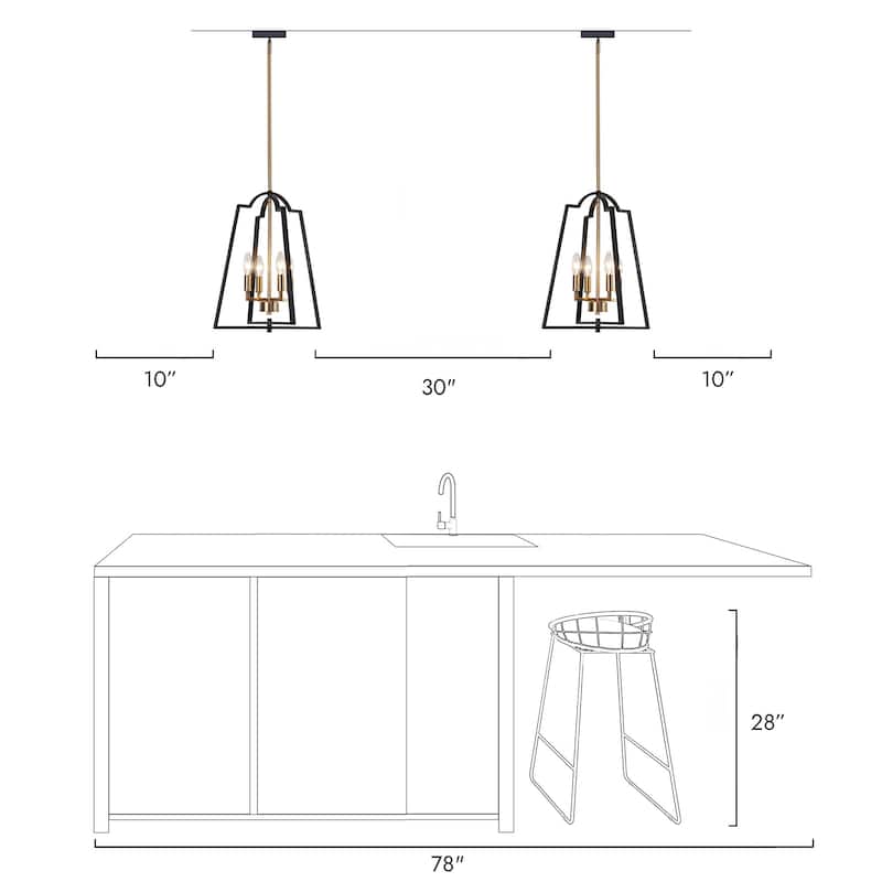 Modern Farmhouse Black Gold 4-Light Lantern Geometric Chandelier Candle Kitchen Island Pendant Light - 14" W x 17.5" H