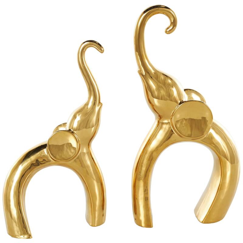 Silver or Gold Ceramic Abstract Arched Cutout Elephant Decorative Sculpture (Set of 2)