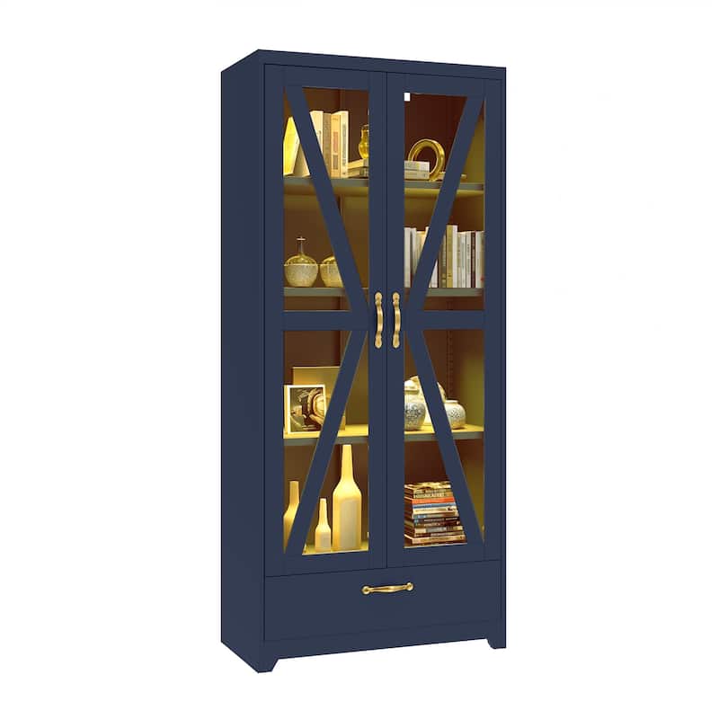 Moasis Metal Bookcase Display Cabinet with Adjustable Shelves & Drawer