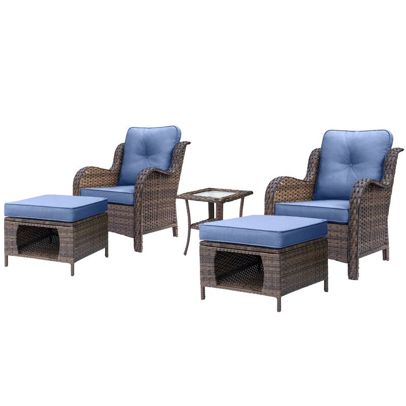 5 Piece Outdoor Wicker Patio Conversation Chair with Ottoman Set