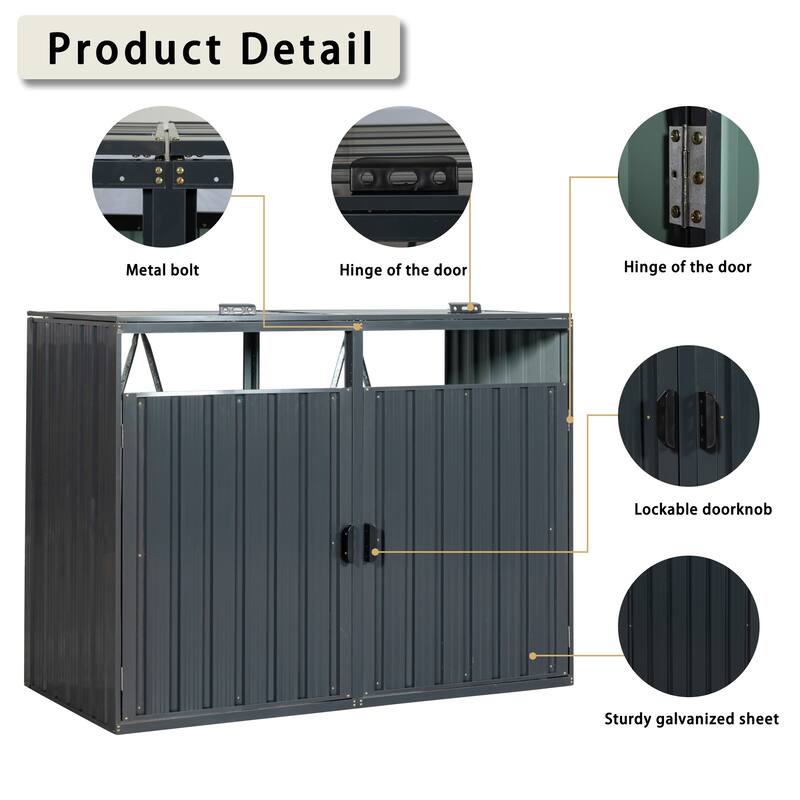 Anmytek Garbage Bin Shed Stores 2 Trash Cans Metal Outdoor Bin Shed for Garbage Storage,Stainless Galvanized Steel, Bin Shed