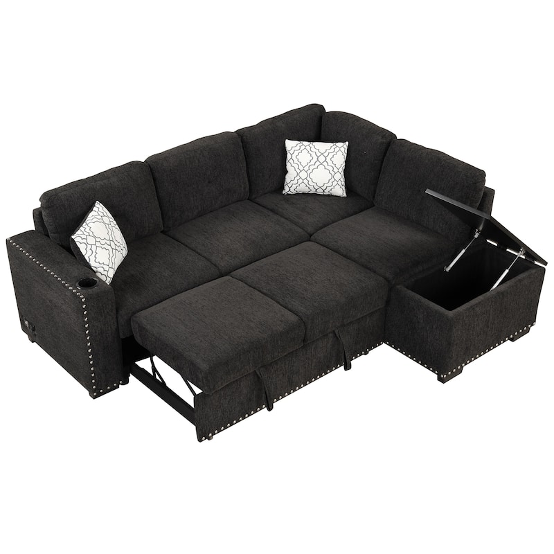 83.8-inch L-shaped Pull-Out Sectional Sofa Bed with Storage Chaise, USB Ports, Power Sockets, and Cup Holder