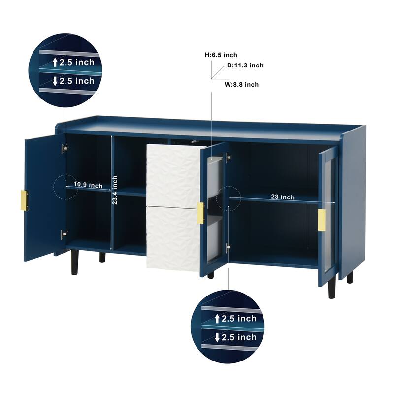 Modern 55" Coffee Bar Storage Cabinet with 2 Drawers, Glass Doors, & Open Compartments for Kitchen or Dining Room