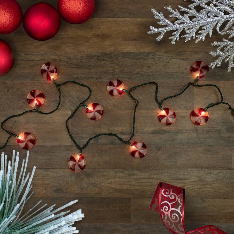 10 Count Peppermint Candy Christmas Light Set, 6ft Green Wire