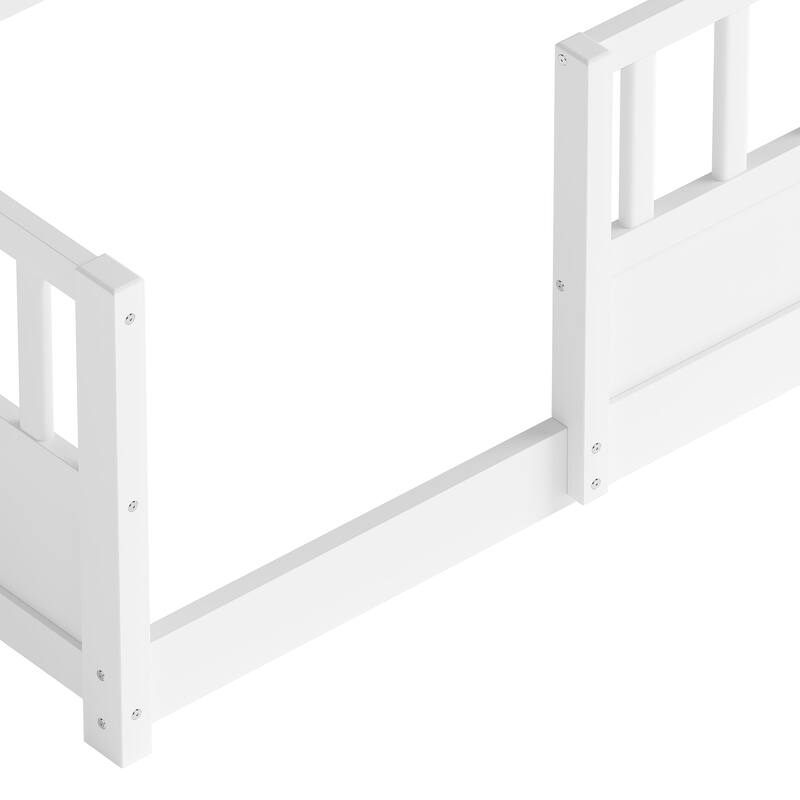 Wooden Floor Bed Frame with Fence Guardrail & Side Storage, Low Profile Kids Bed (Full/Twin)