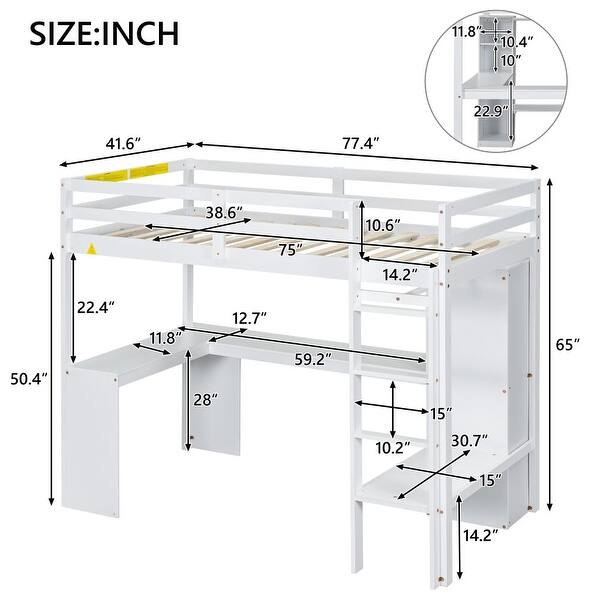 dimension image slide 1 of 4, Solid Wood Loft Bed with L-Shaped Desk