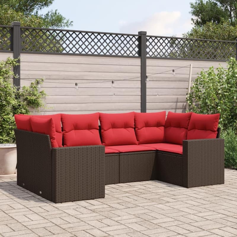 vidaXL Patio Sofa Set with Cushions Outdoor Furniture 6 Piece Poly Rattan - 25.8" x 24.4" x 27.2" - Brown and red