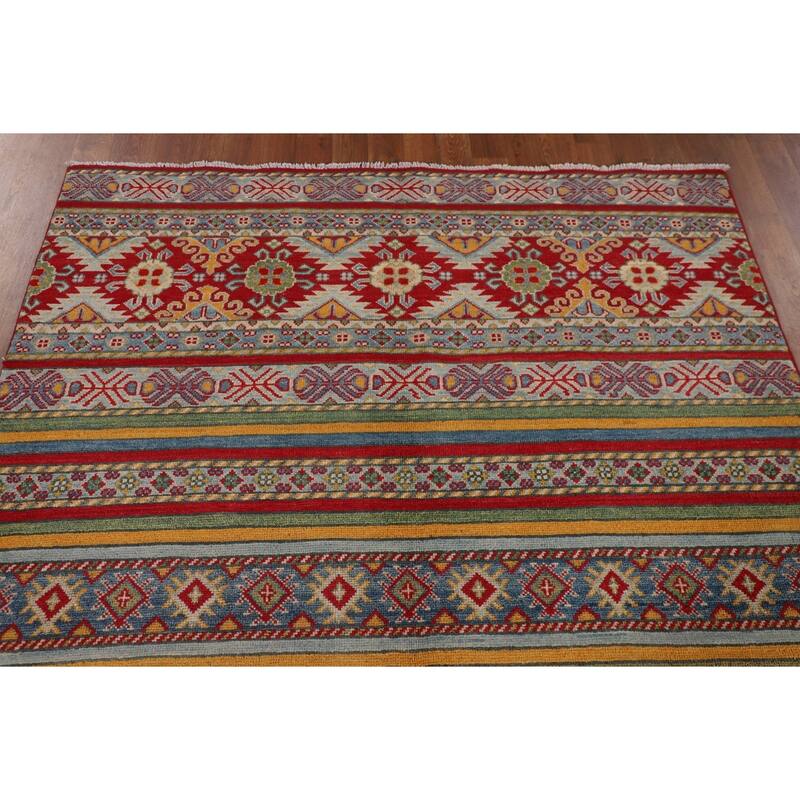 Striped Kazak Oriental Area Rug Hand-Knotted Wool Carpet - 4'10" x 6'6"