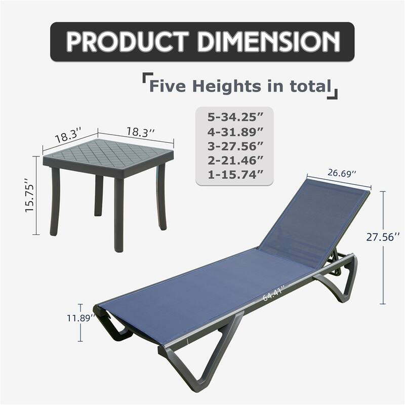 Aluminum Plastic Patio Chaise Lounge w/ Side Table Adjustable Backrest