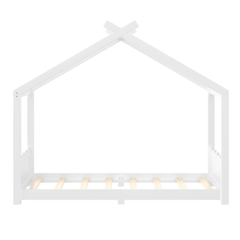 Twin House Floor Bed with Support Slats, Solid Wood House Bed Frame for Kids, No Box Spring Needed and Opening Constructure
