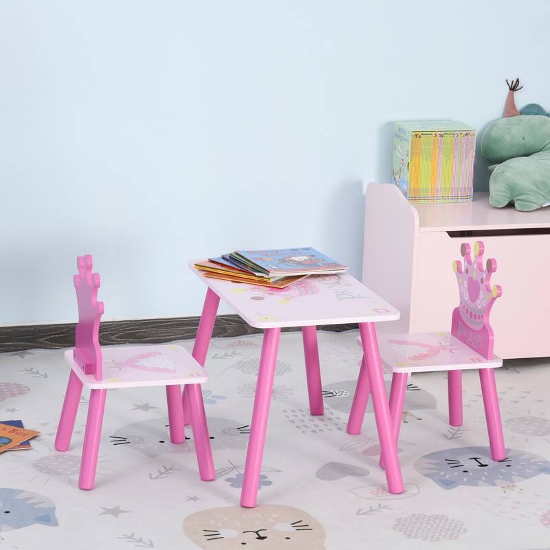 Qaba 3-Piece Set Kids Wooden Table Chair with Crown Pattern Easy to Clean Gift for Girls Toddlers Age 3 to 8 Years Old Pink