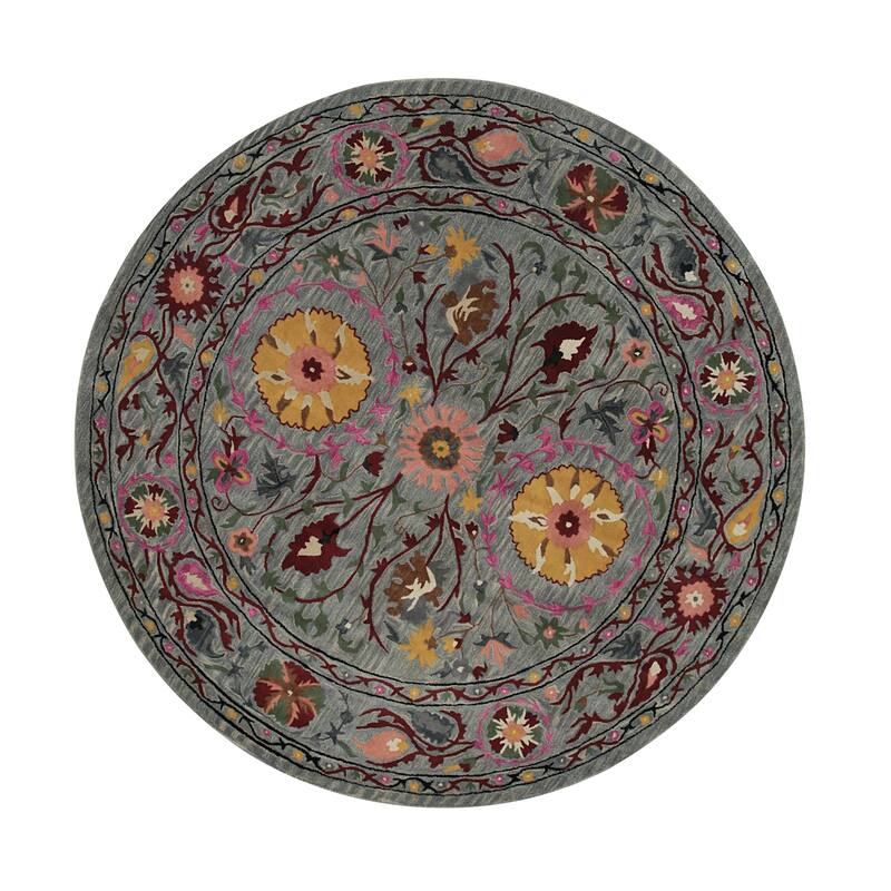 Blue Hand-Tufted Wool Traditional Round Rug 6' - Antique Floral Pattern Rust Blue Green Gold Tones - N/A
