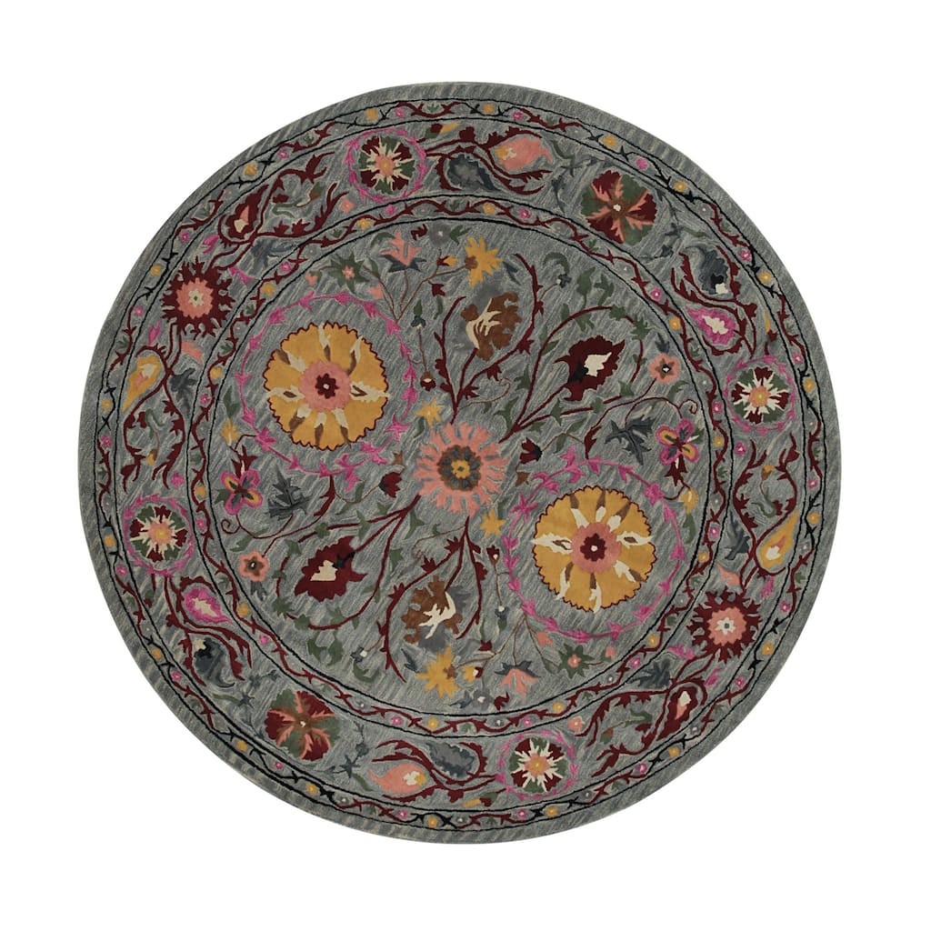 Blue Hand-Tufted Wool Traditional Round Rug 6' - Antique Floral Pattern Rust Blue Green Gold Tones - N/A