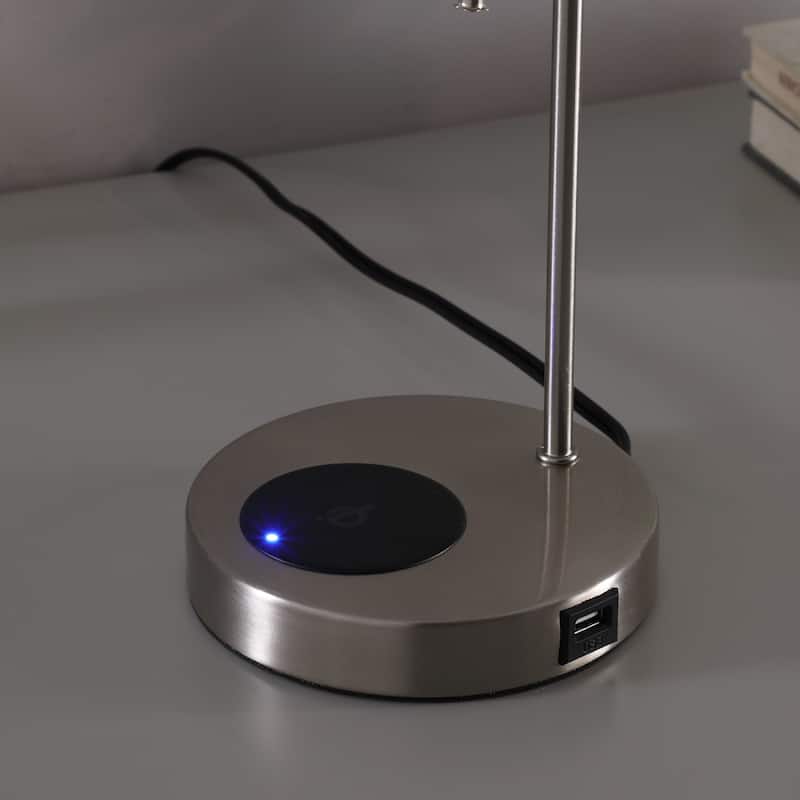 Silver Metal Bedside Lamp with Black Trim Shade and USB Charging Port - 6” x 6” x 20” (D x W x H)