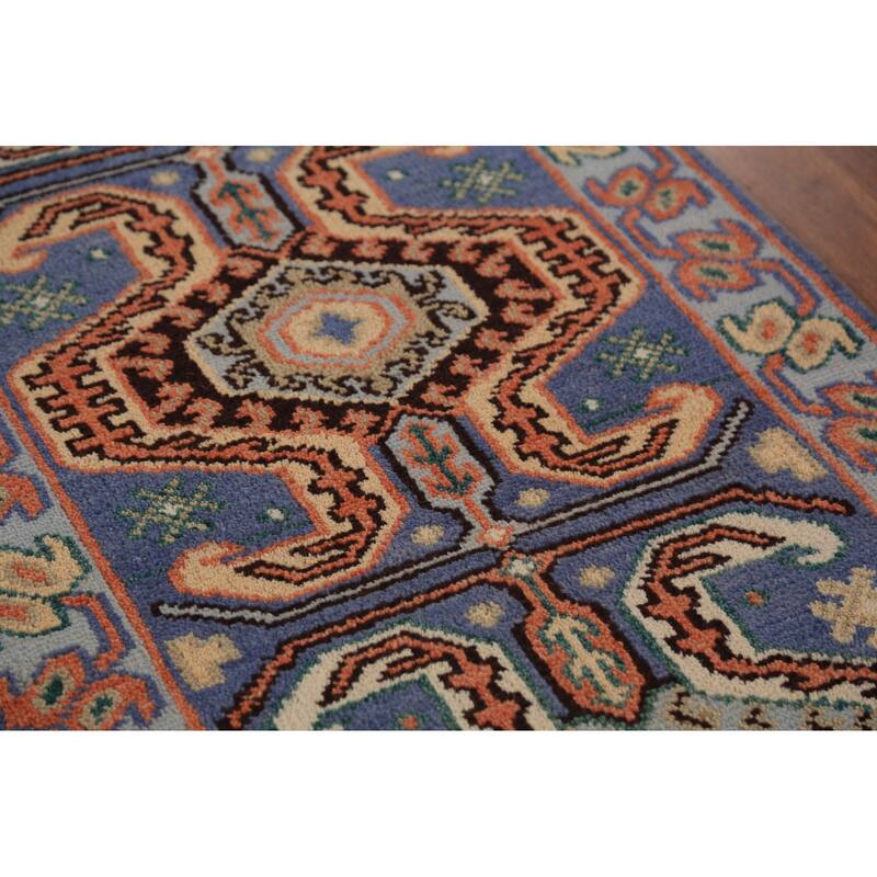Geometric Kazak Indian Runner Rug Handmade Blue Wool Carpet - 2'6"x 9'10"