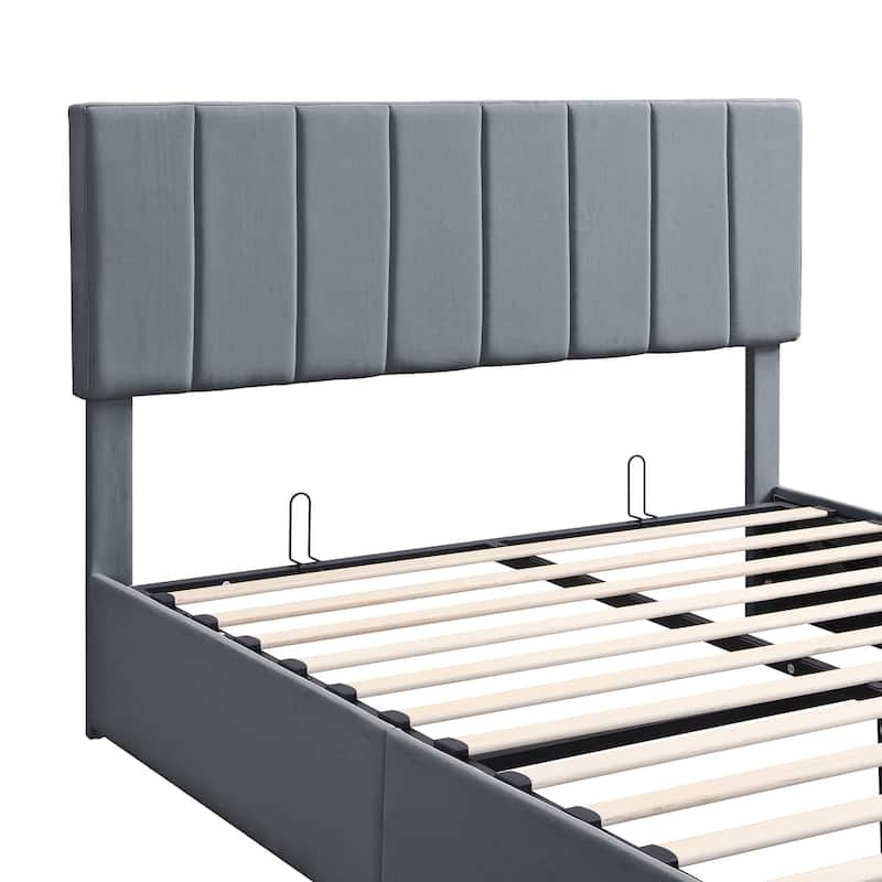 Linen Upholstered Bed Low Profile Platform Bed Storage Bedframe with Hydraulic Storage System, Headboard and Slats Support