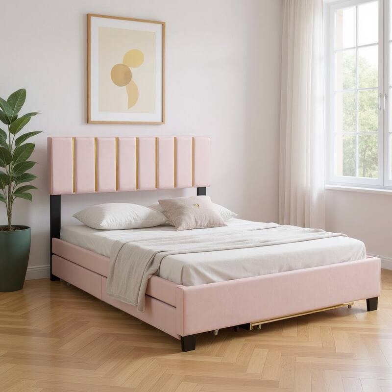 HomeRoots Pink Tufted Velvet Upholstered Queen Bed Frame With Trundle And Drawers - Queen