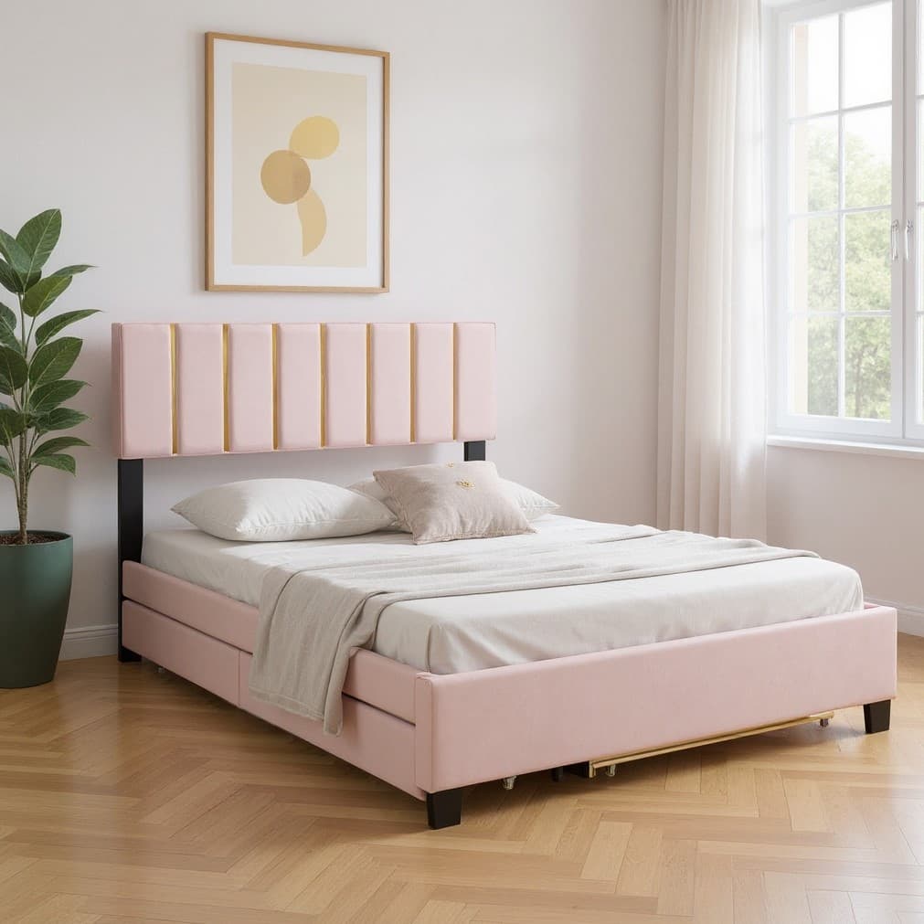 HomeRoots Pink Tufted Velvet Upholstered Queen Bed Frame With Trundle And Drawers