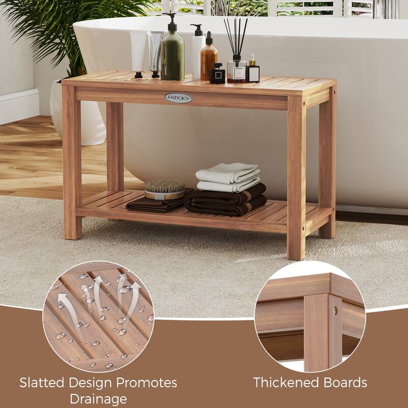 Gymax 30 Inch Teak Wood Shower Bench Inside Shower Stool w/ Storage