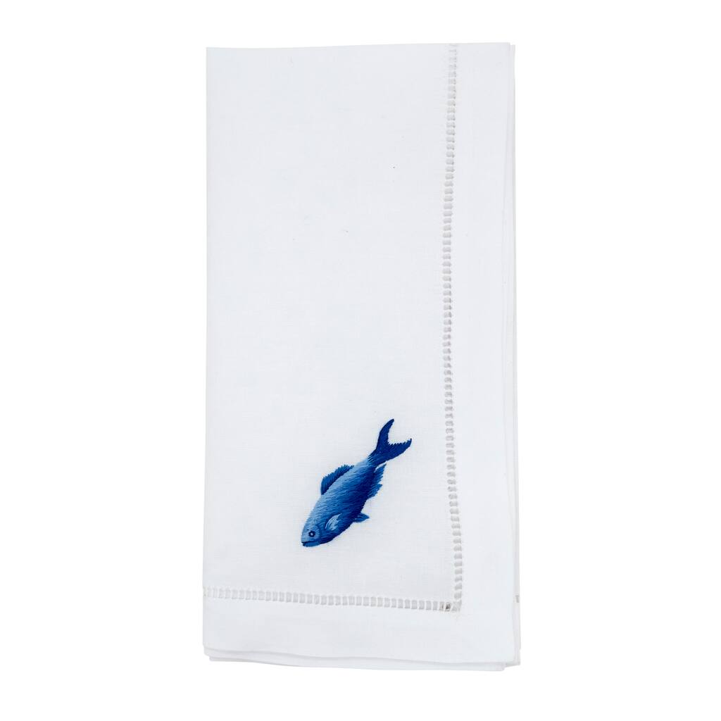 Embroidered Fish Cotton Napkins (Set of 6) - Hemstitch Border with Coastal-Inspired Motif, 20"x20"