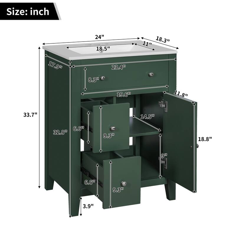 24" Modern Bathroom Vanity - Ceramic Basin, 2 Drawers & Soft-Closing Door, Compact Design